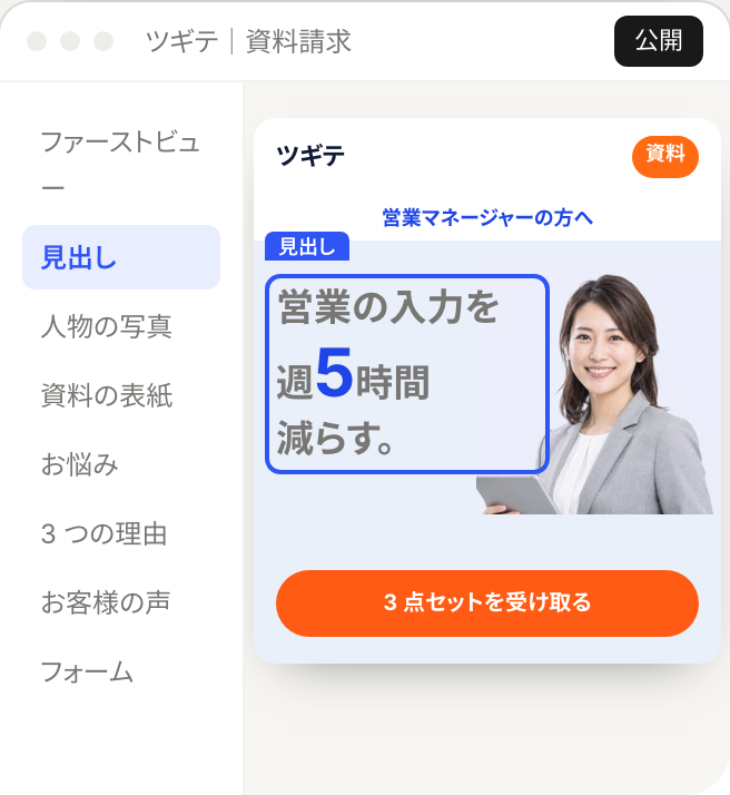 エディタの画面の見本。スマホの LP の見出しを選び、広告から来た人の版を設定している