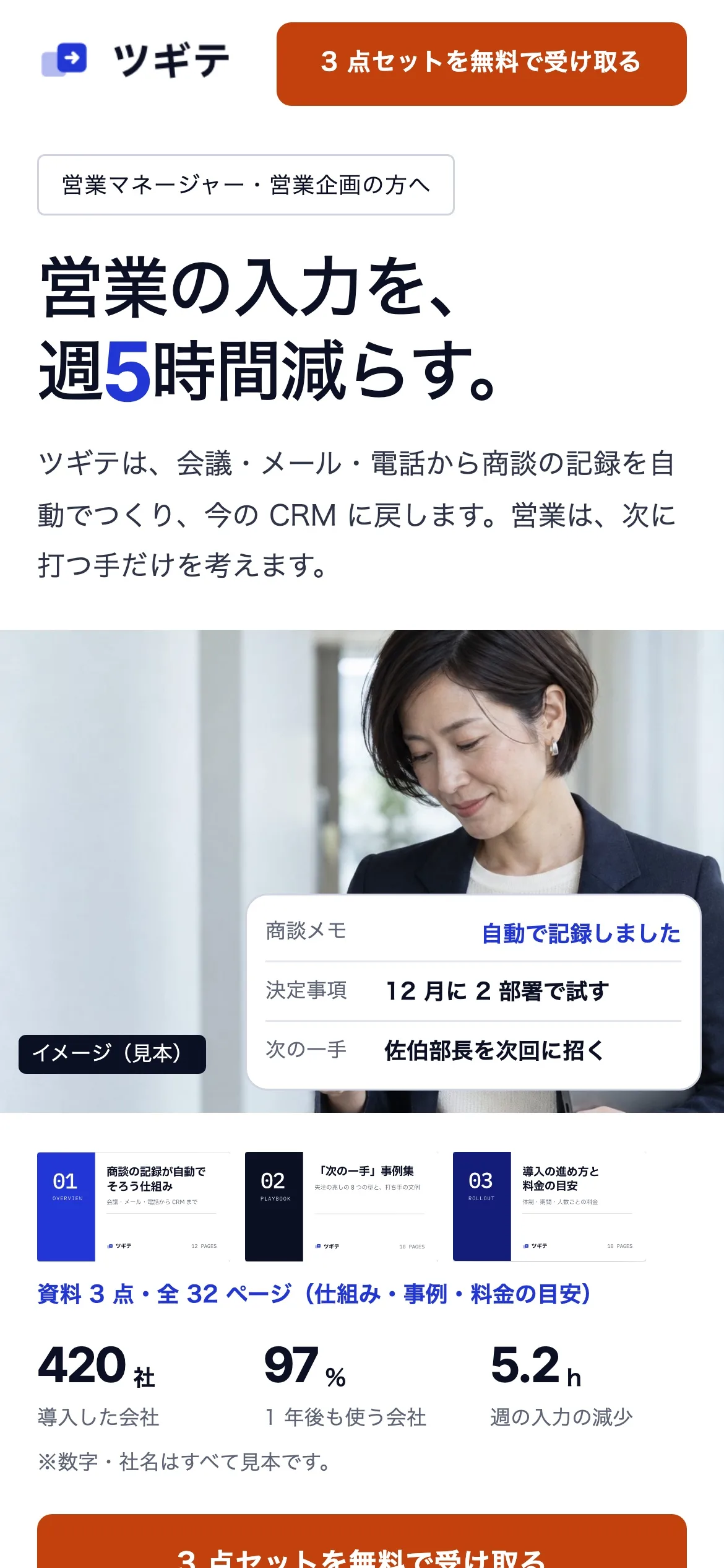 初めて来た人に見える見本の LP（スマホ）。見出しは「営業の入力を、週 5 時間減らす。」で、下にフォーム