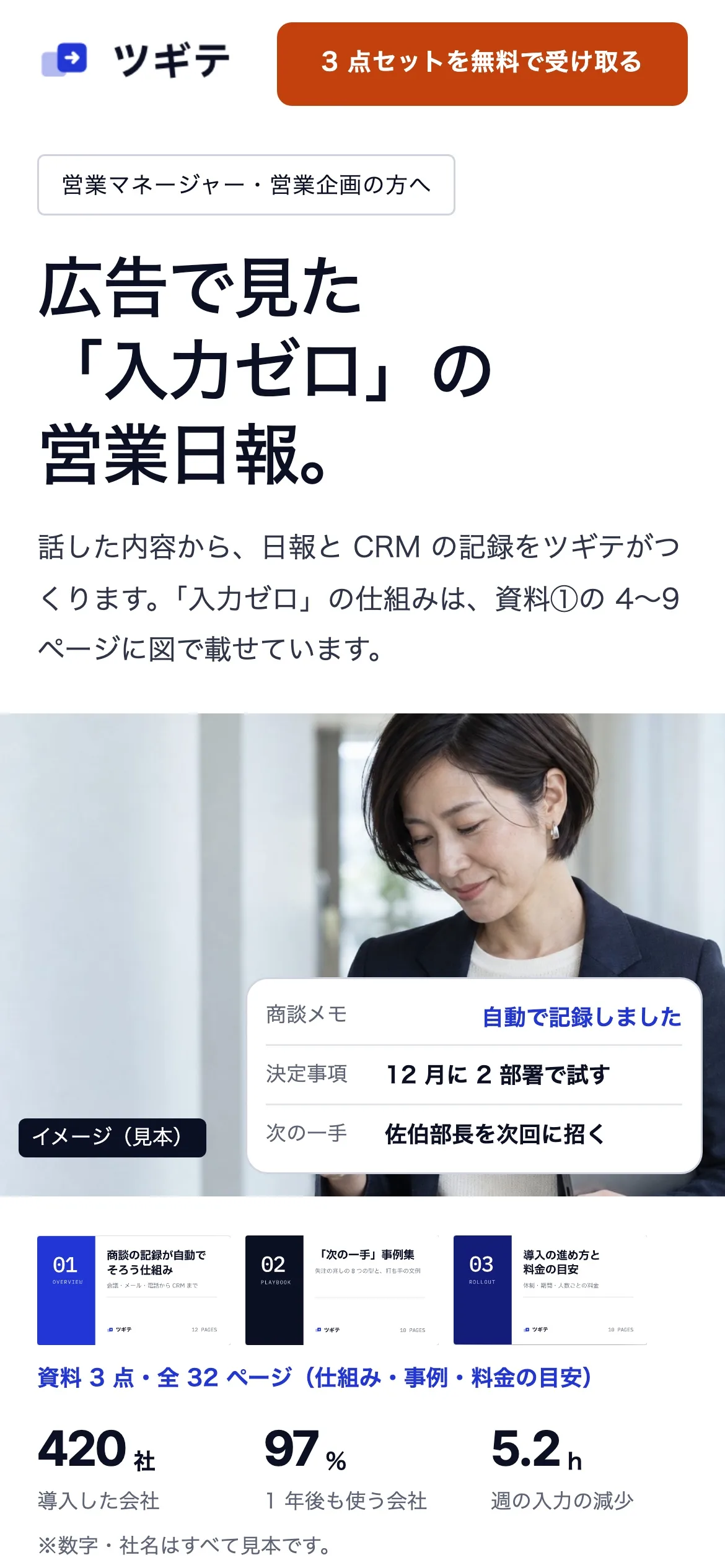 広告から来た人に見える見本の LP（スマホ）。見出しは広告と同じ言葉の「広告で見た『入力ゼロ』の営業日報。」